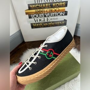 GUCCI MEN'S SHOES BLACK CANVAS INTERLOCKING G TRAINER SNEAKERS